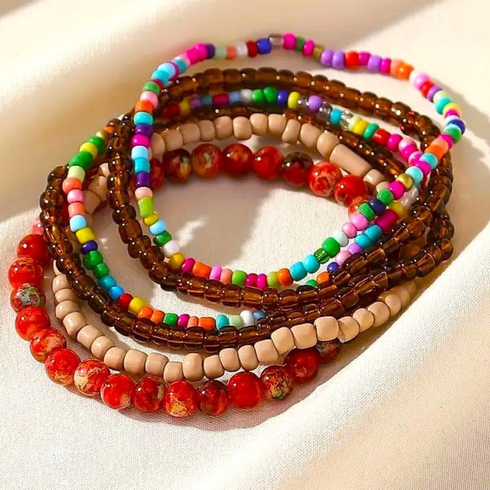 Bracelets 6 Seed Bead Glass Stretchy Boho Stylish Surfer Trendy colorful Fun NEW
